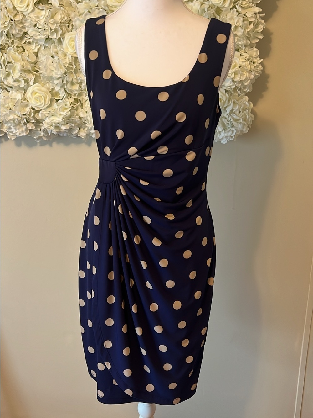 dressbarn Navy and Cream Polka Dot Dress with Twist Detail